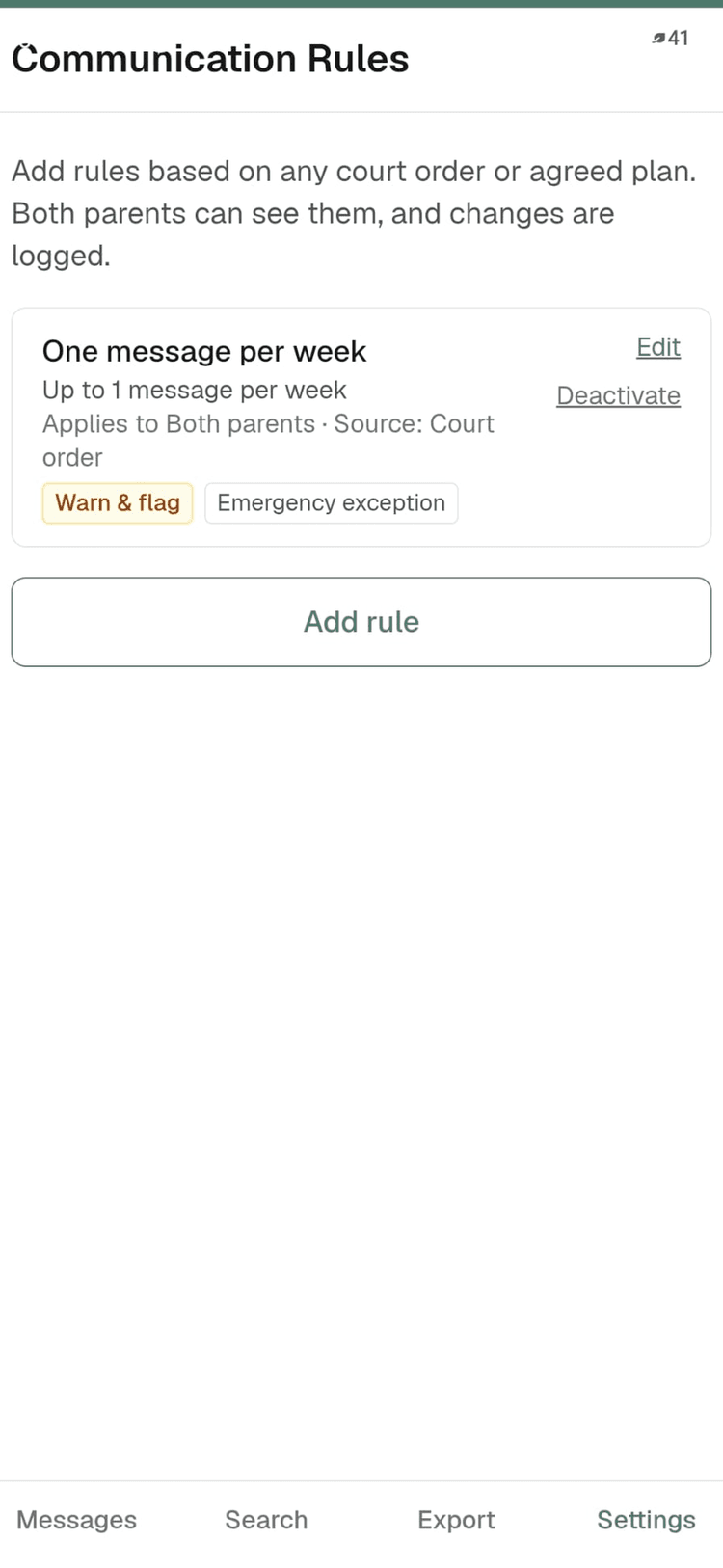 The Modus communication rules screen, showing a frequency rule sourced from a court order with warn-and-flag enabled