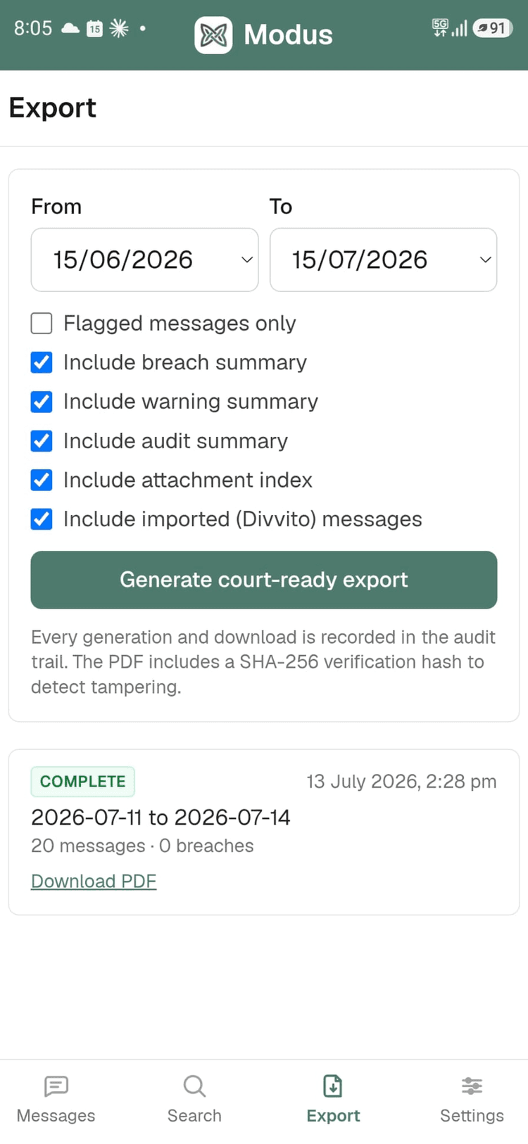 The Modus export screen, showing a date-range court-ready export with breach, warning, audit and attachment summaries selected