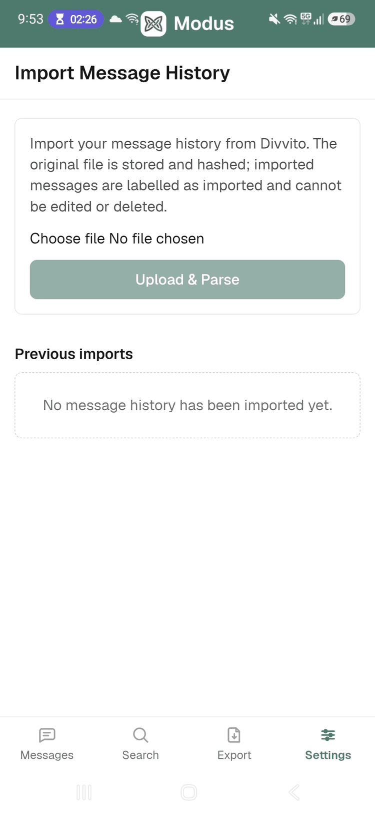The Modus Import Message History screen, showing the Divvito PDF upload step and a list of previous imports