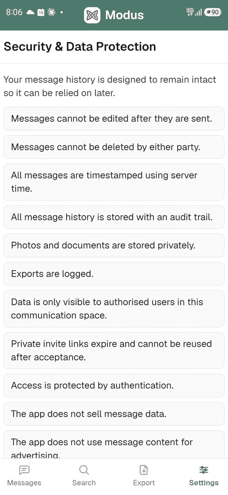 The Modus security and data protection screen, listing how messages, attachments and access are protected